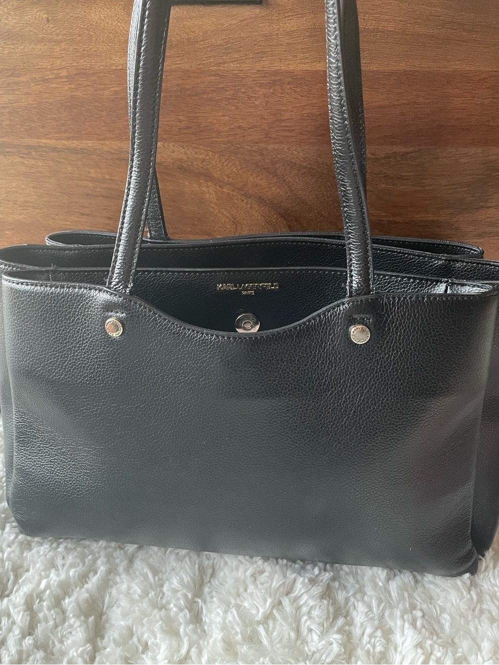 Karl Lagerfeld Black Leather Logo Tote with Gold Accents